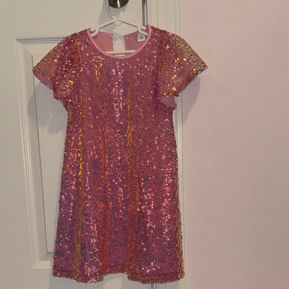 Girls small pink sequin short flutter sleeve dress